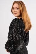 Sequins Puff Sleeve Mini Dress - Black