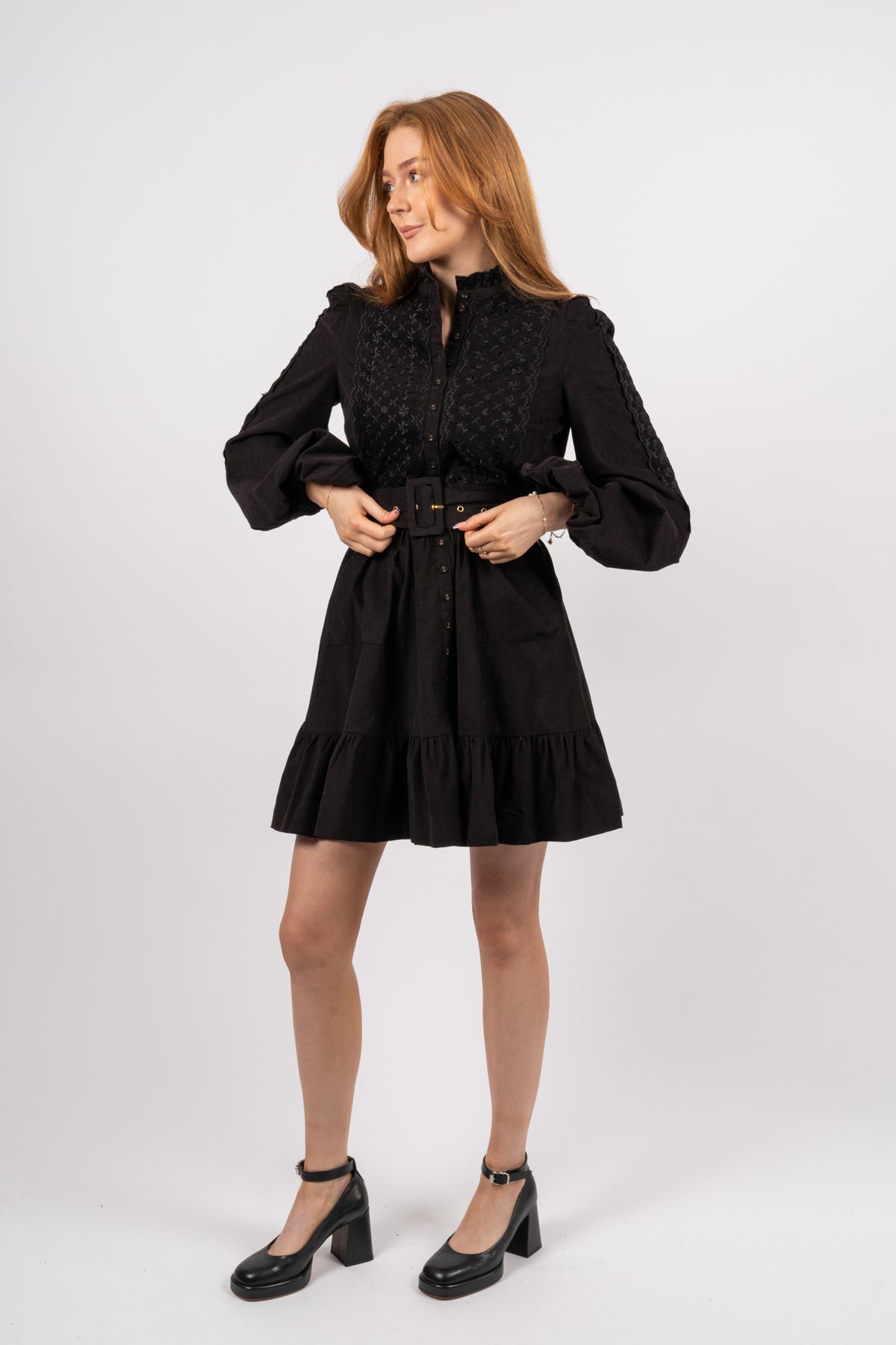 Baby Cord Shirt Dress - Black