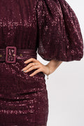 Sequins Puff Sleeve Mini Dress - Plum