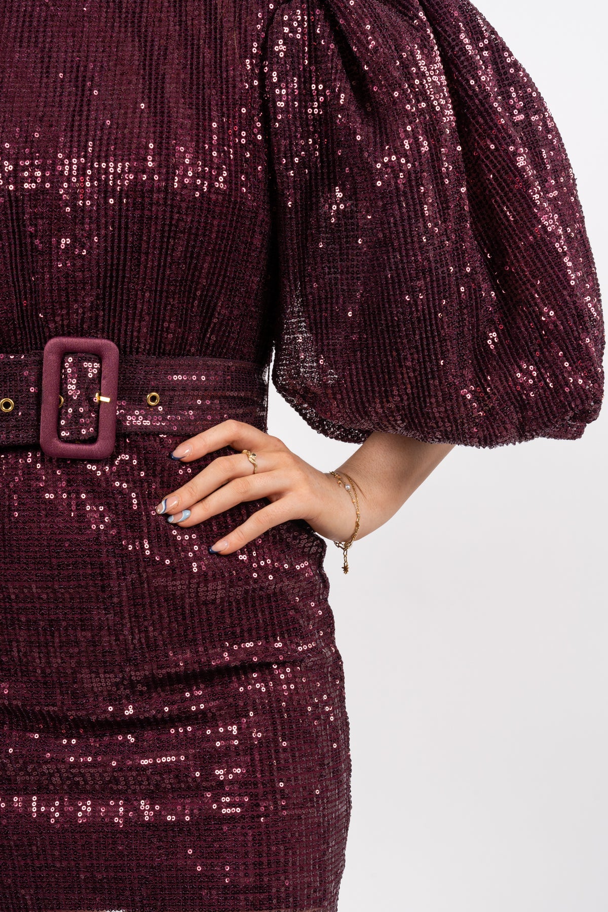 Sequins Puff Sleeve Mini Dress - Plum