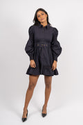 Winter Cotton Belt Dress - Navy