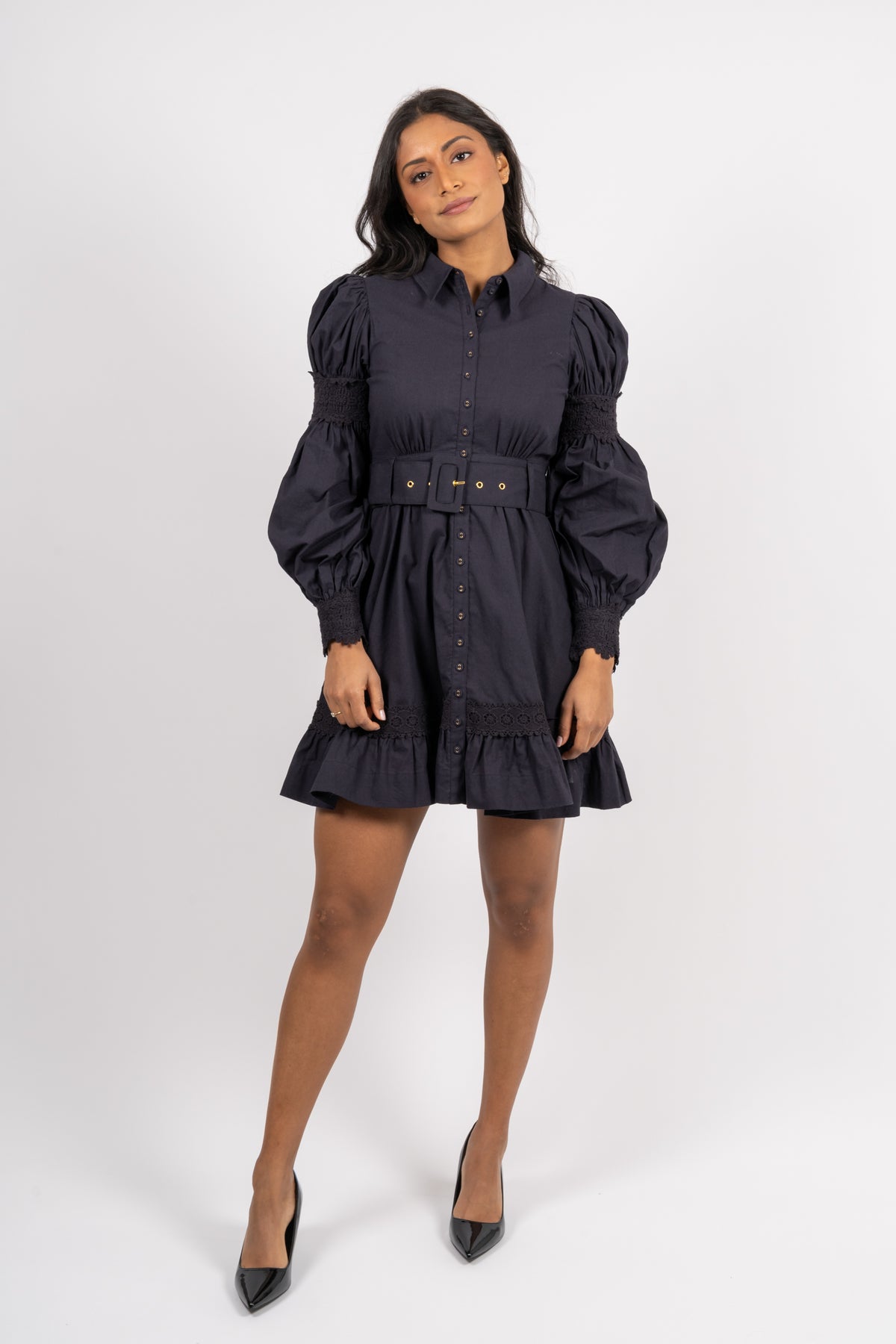 Winter Cotton Belt Dress - Navy