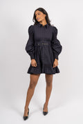 Winter Cotton Belt Dress - Navy