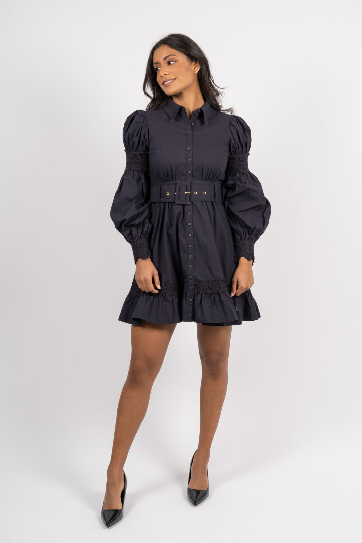 Winter Cotton Belt Dress - Navy