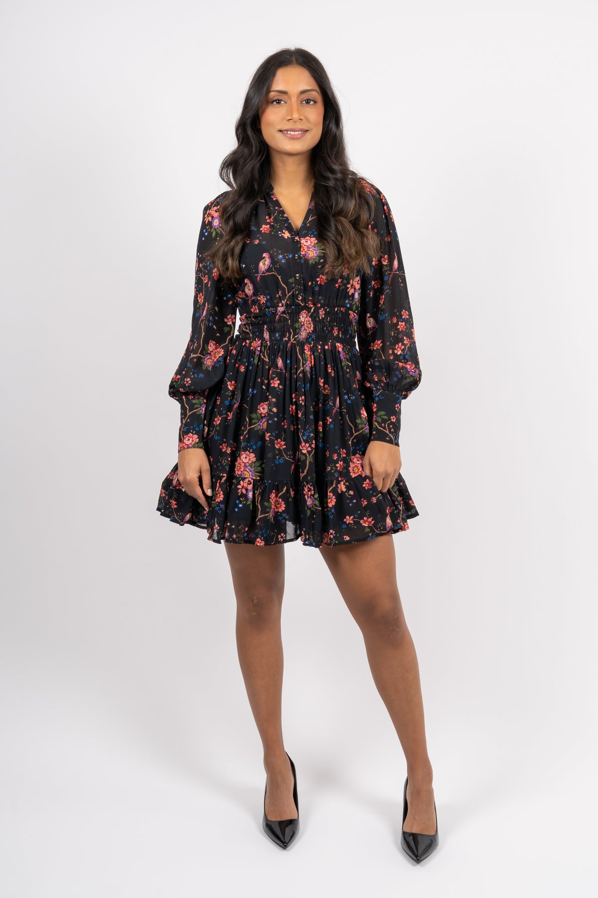 Georgette Mini Dress - Black Flower Garden
