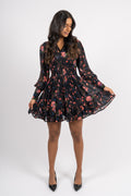 Georgette Mini Dress - Black Flower Garden