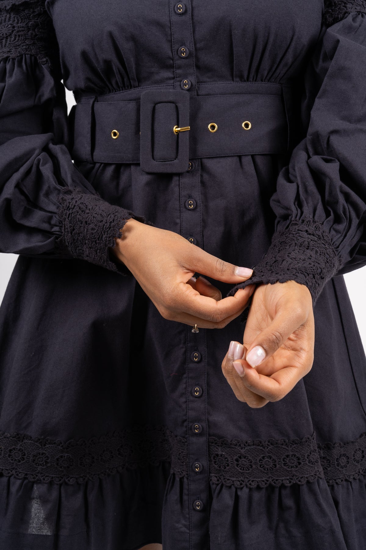 Winter Cotton Belt Dress - Navy