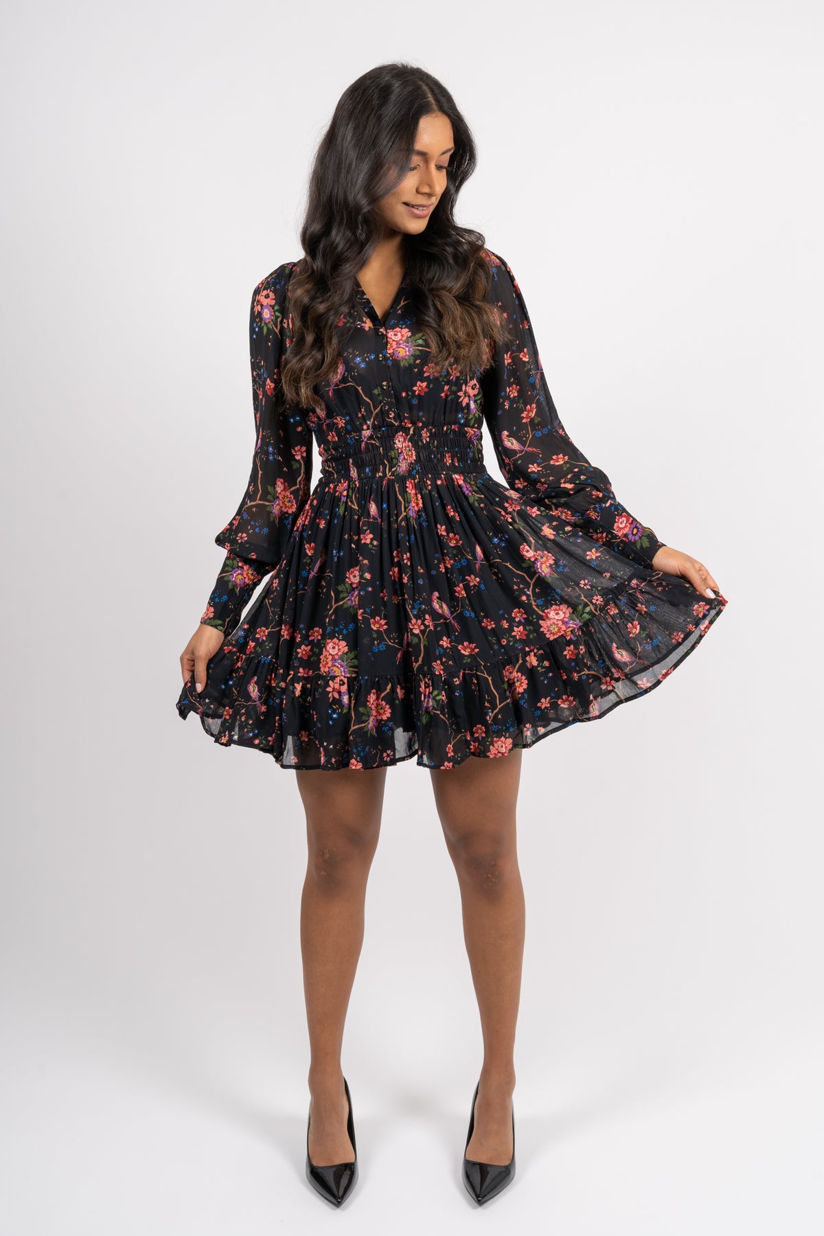 Georgette Mini Dress - Black Flower Garden