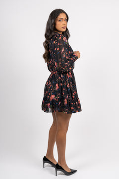 Georgette Mini Dress - Black Flower Garden