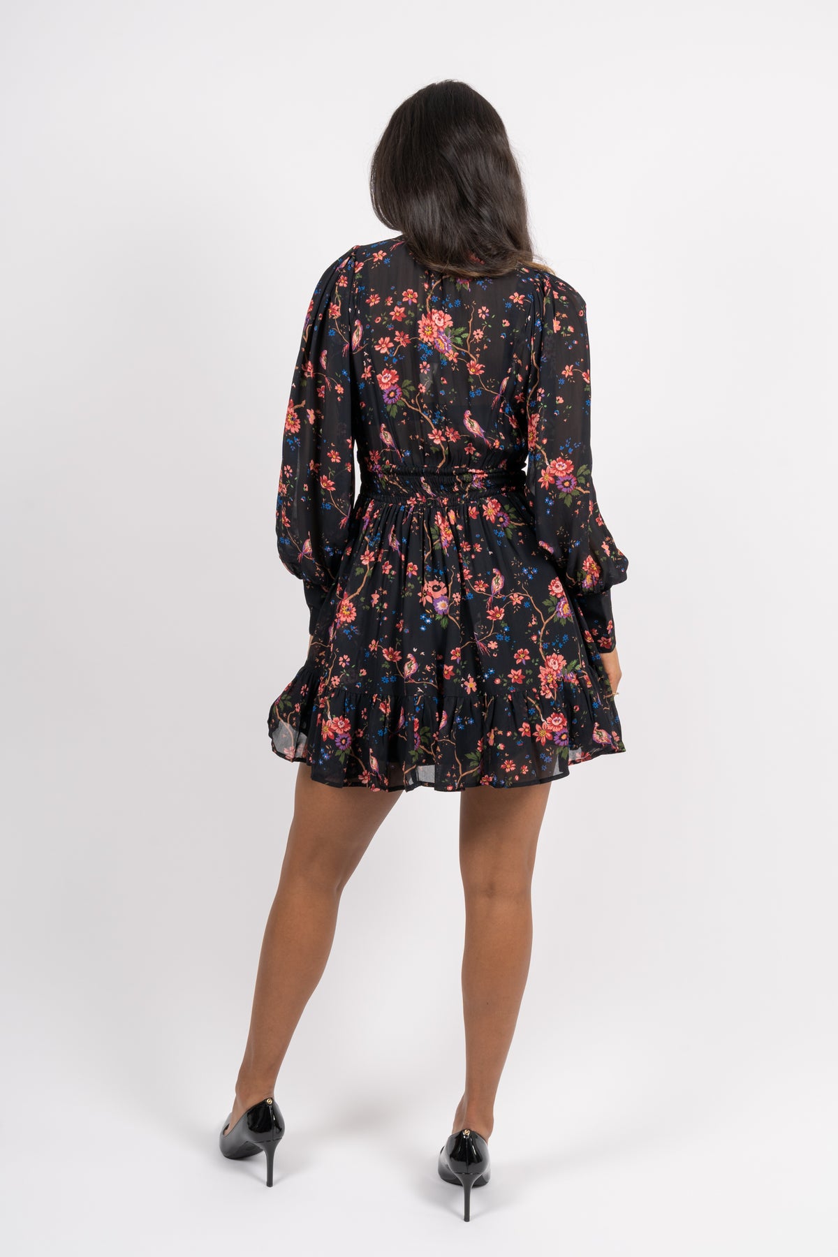 Georgette Mini Dress - Black Flower Garden