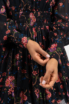 Georgette Mini Dress - Black Flower Garden