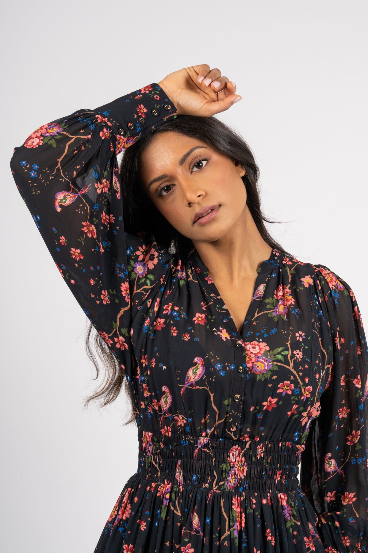 Georgette Mini Dress - Black Flower Garden