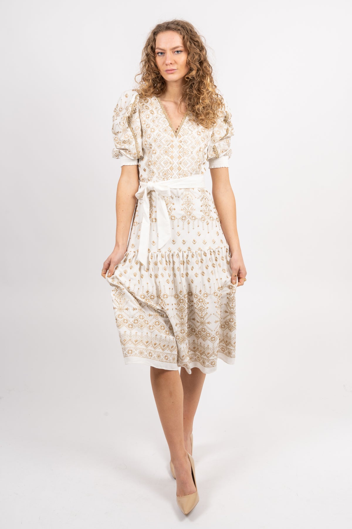 Logan Midi Dress Embrodery - Gold