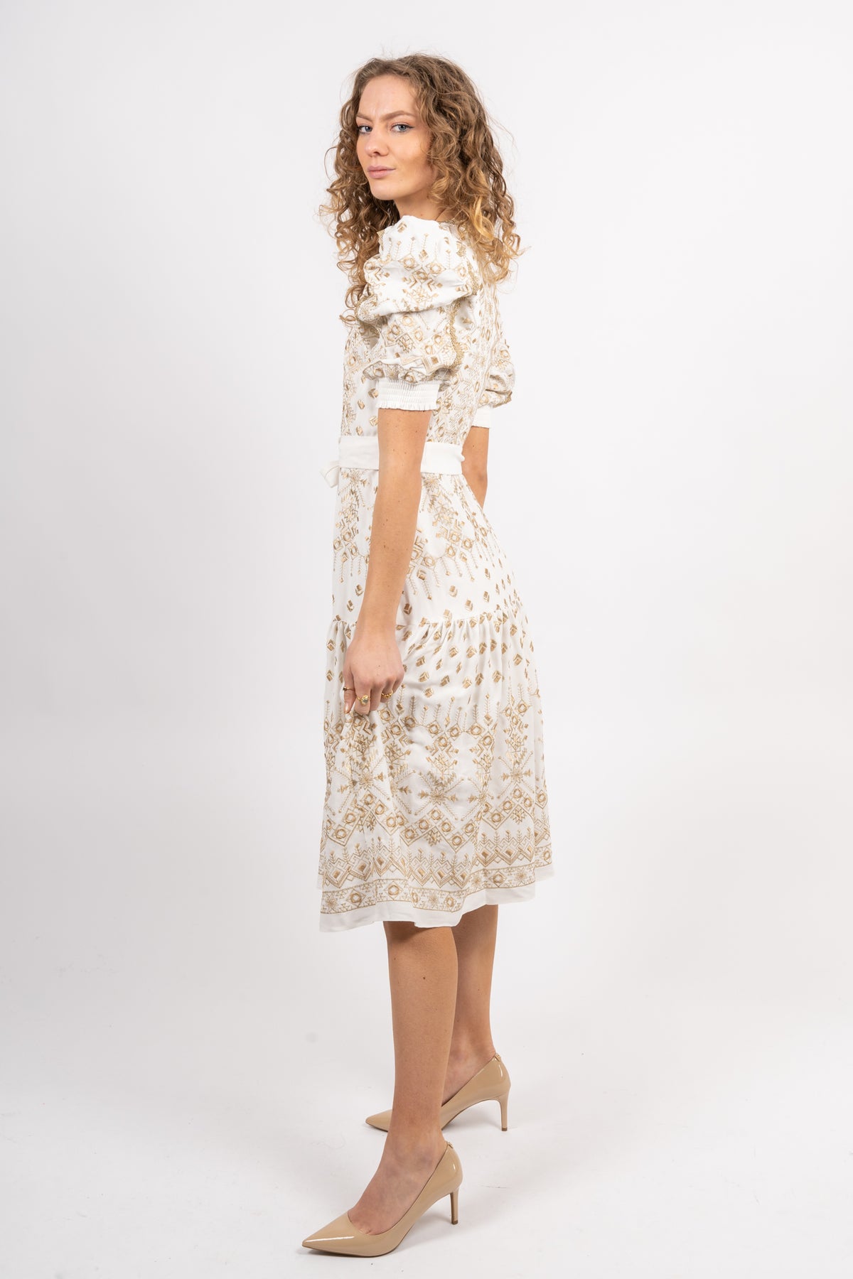 Logan Midi Dress Embrodery - Gold