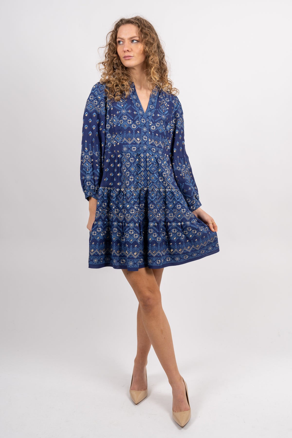 Clary Dress Short W Embrodery - Navy