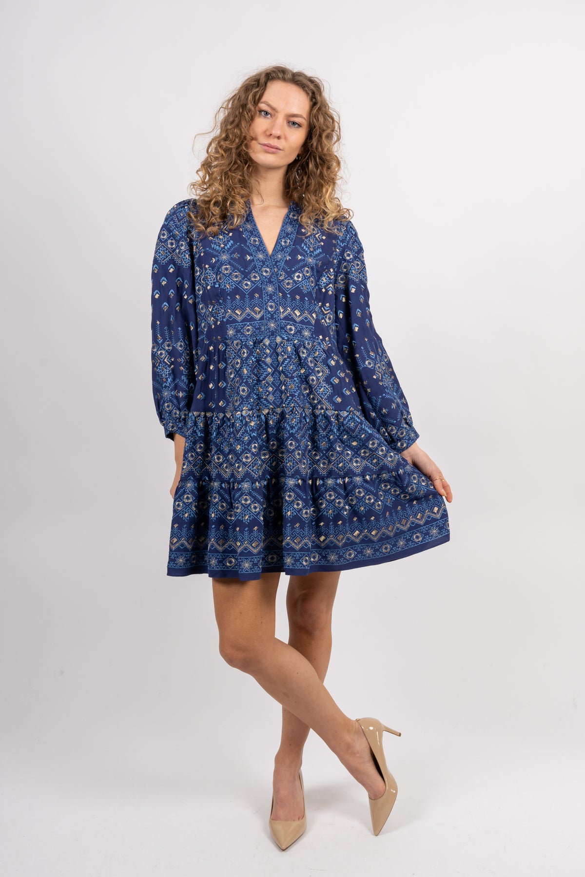 Clary Dress Short W Embrodery - Navy