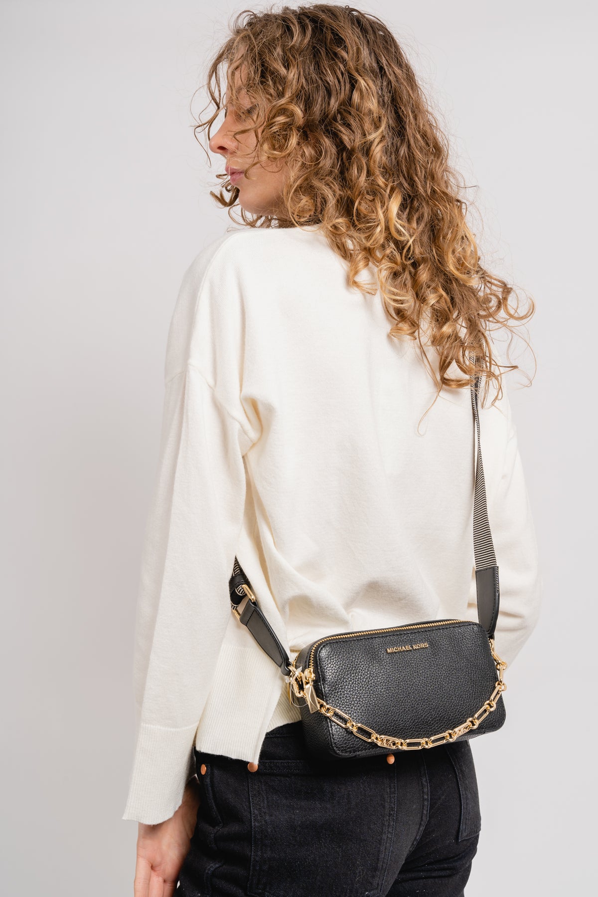 Jet Set Small Pebbled Leather Double Zip Camera Bag - Black