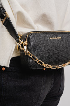 Jet Set Small Pebbled Leather Double Zip Camera Bag - Black