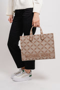 Gigi Large Empire Logo Jacquard Tote Bag - Natural/Luggage