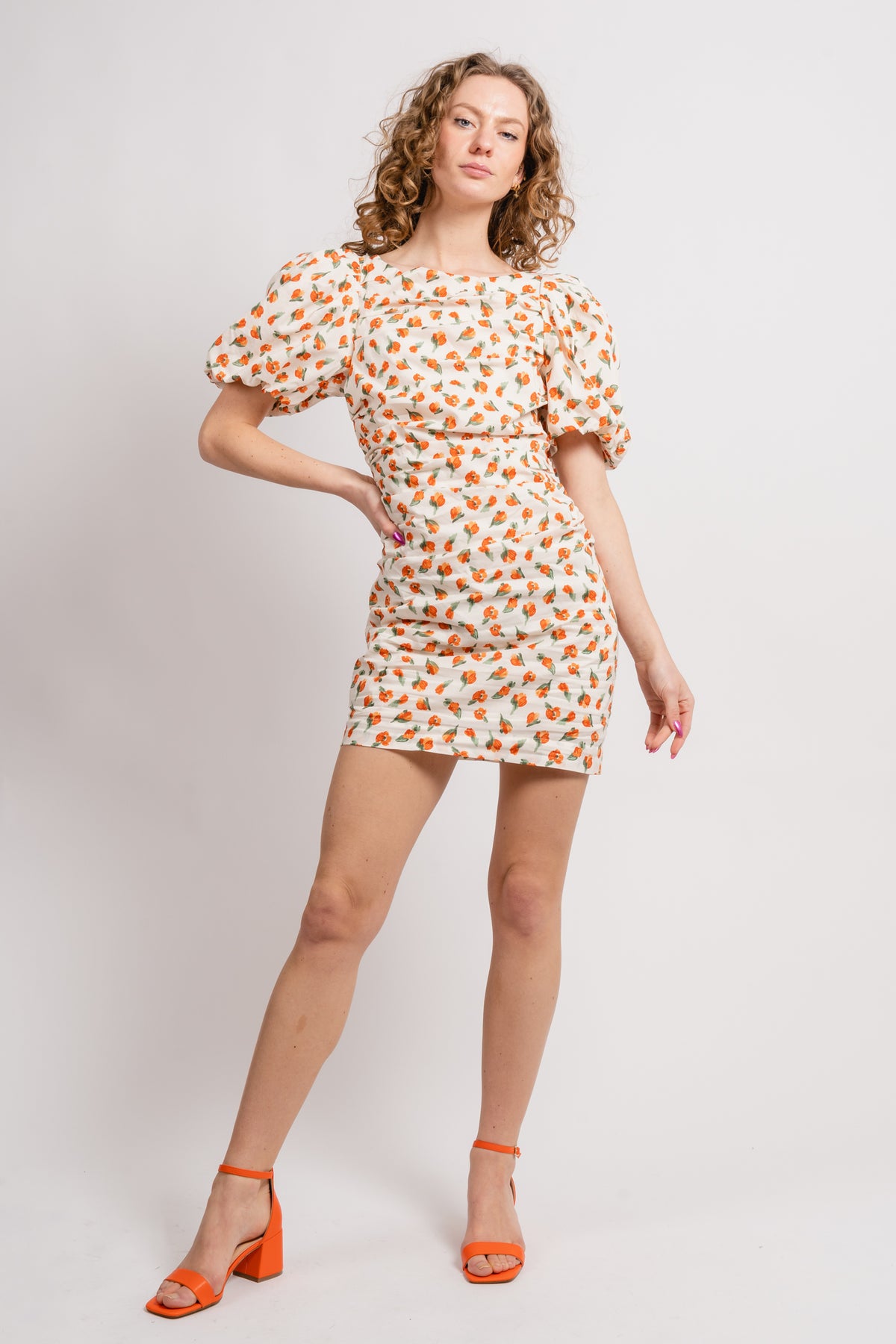 Sandrine Print Puff Dress - Mandarin Flower Print