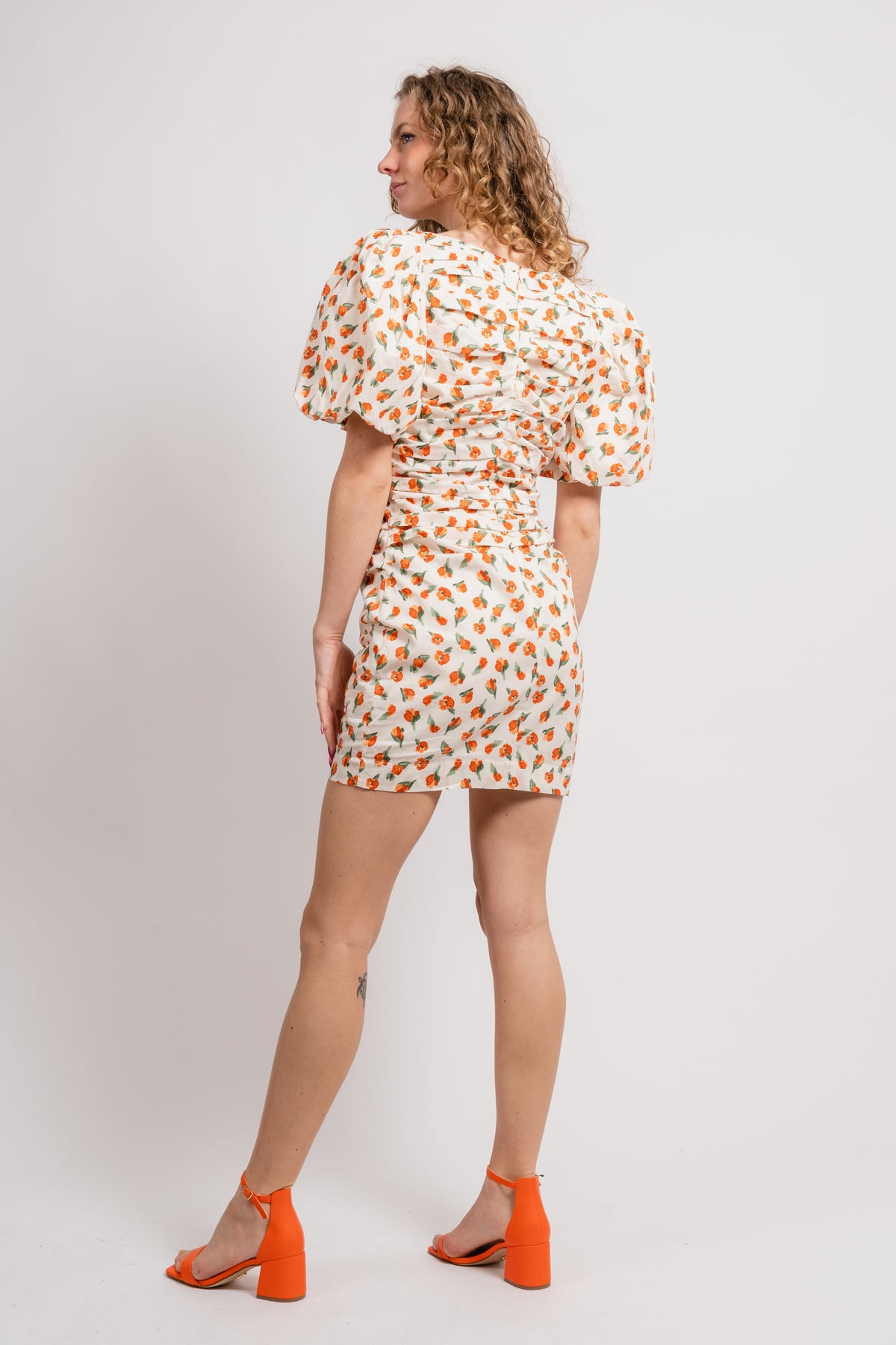 Sandrine Print Puff Dress - Mandarin Flower Print