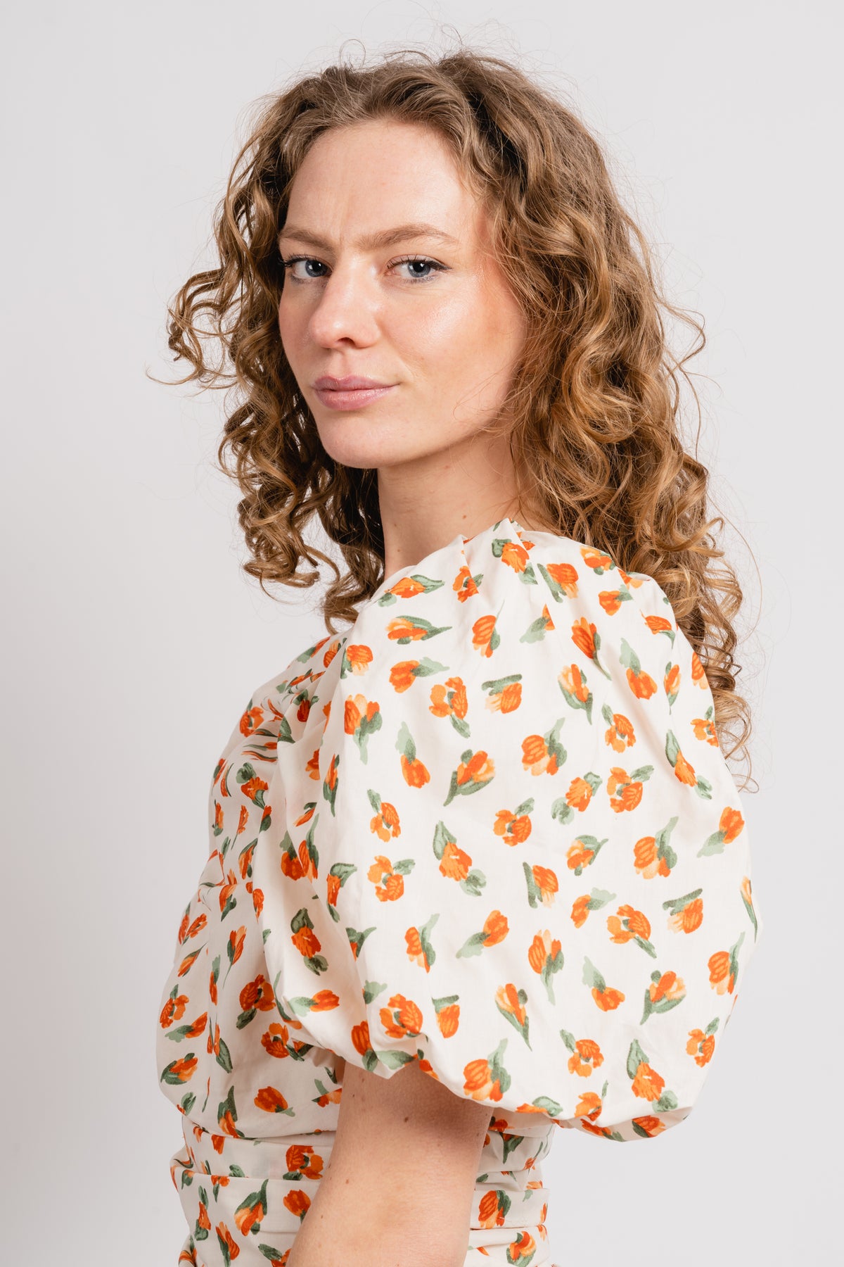 Sandrine Print Puff Dress - Mandarin Flower Print