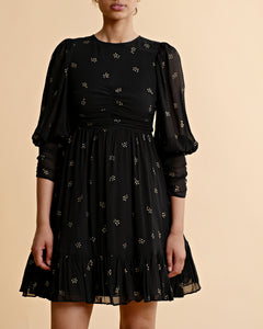 Georgette Gathers Dress - Black Daisy