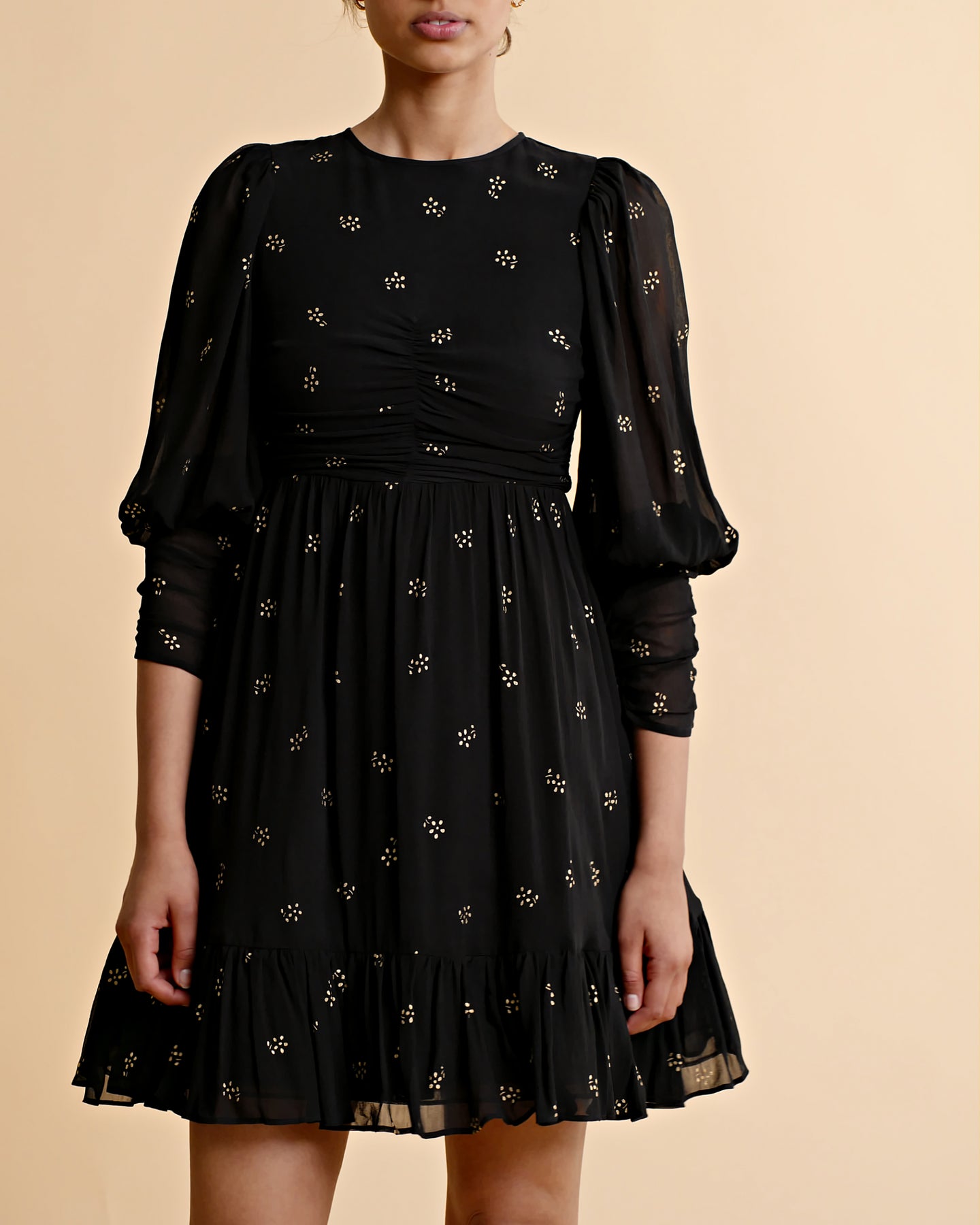 Georgette Gathers Dress - Black Daisy