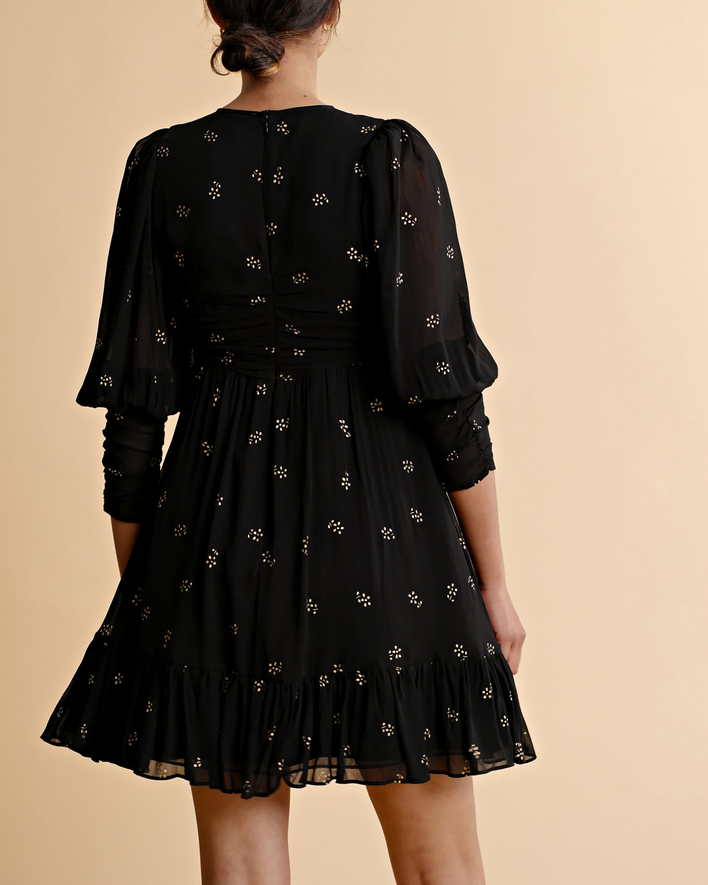 Georgette Gathers Dress - Black Daisy