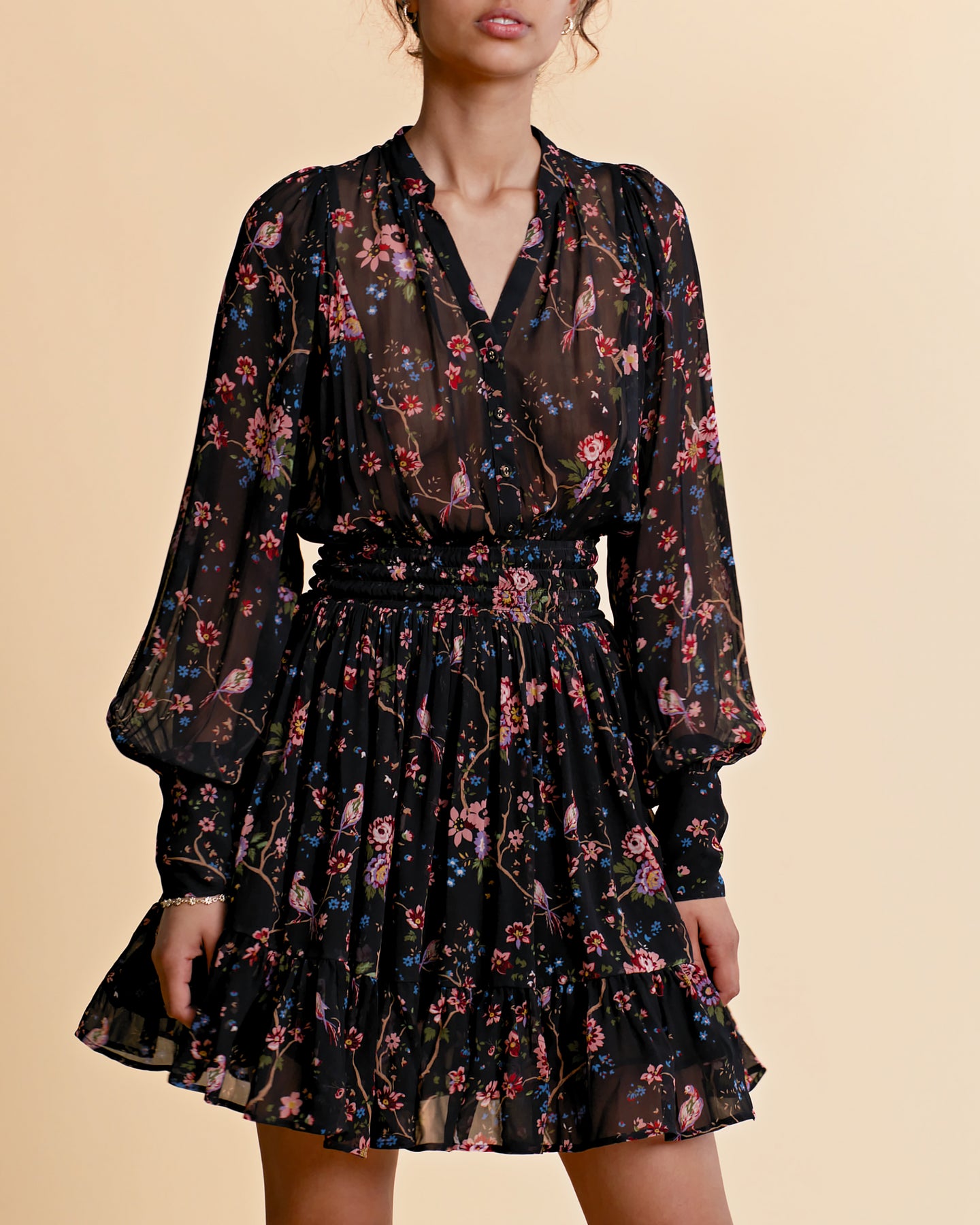 Georgette Mini Dress - Black Flower Garden