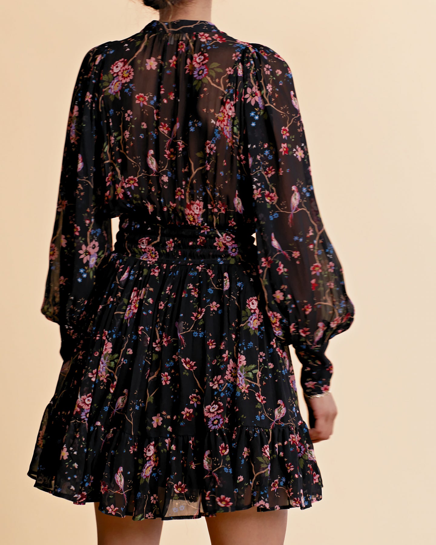 Georgette Mini Dress - Black Flower Garden