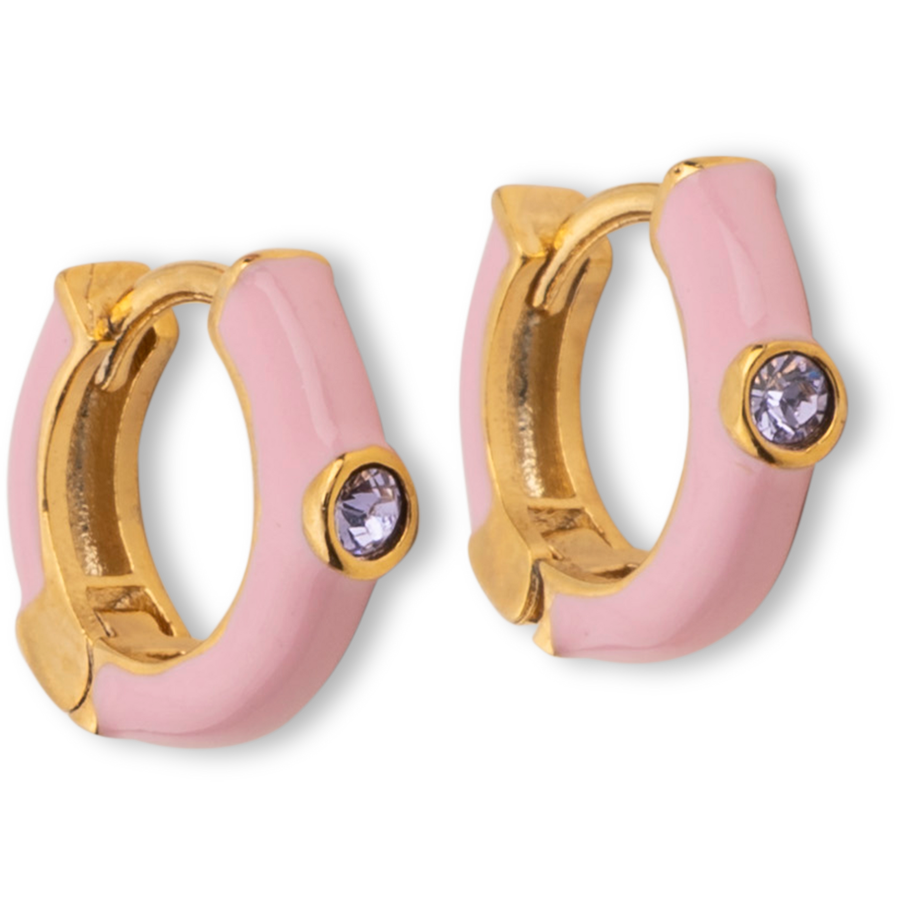 Pink Enamel Huggie Hoop Earrings With Swarovski Crystals - Pale Gold
