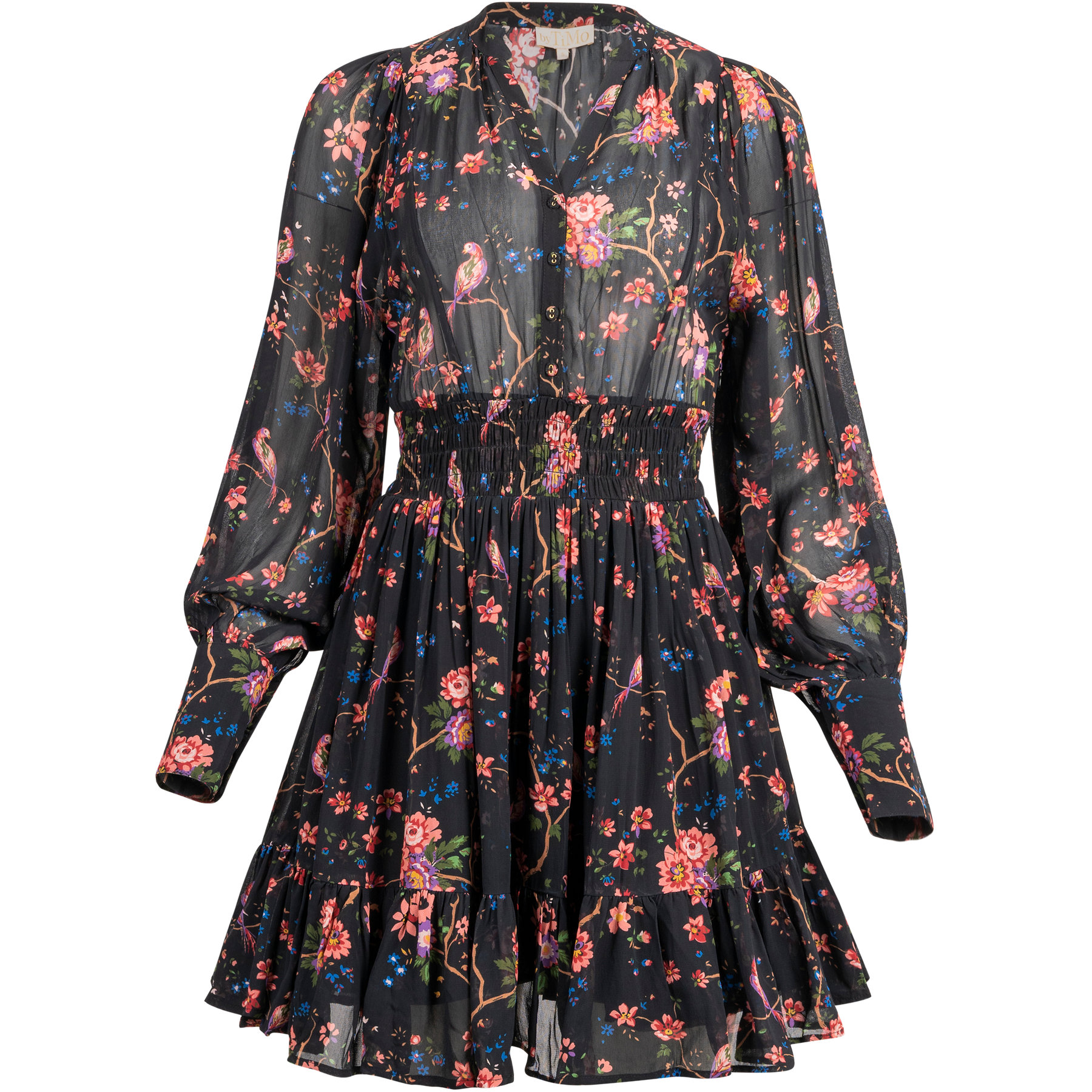 Georgette Mini Dress - Black Flower Garden