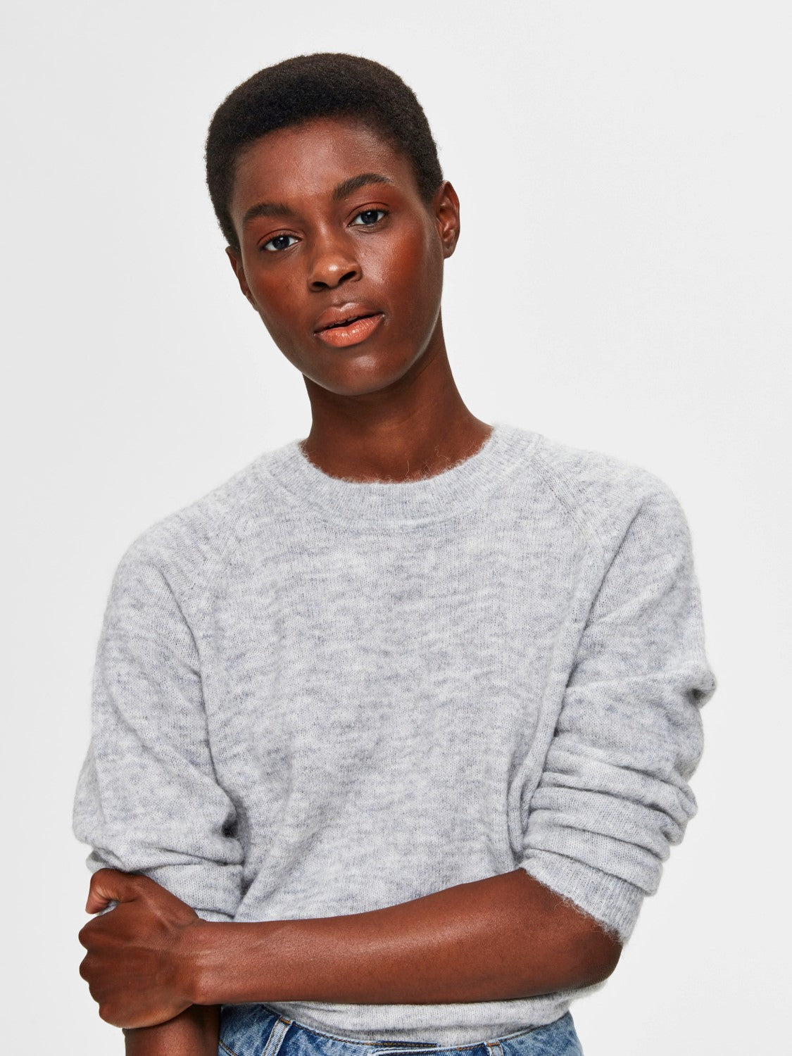 Lulu LS Knit O-Neck - Light Grey Melange