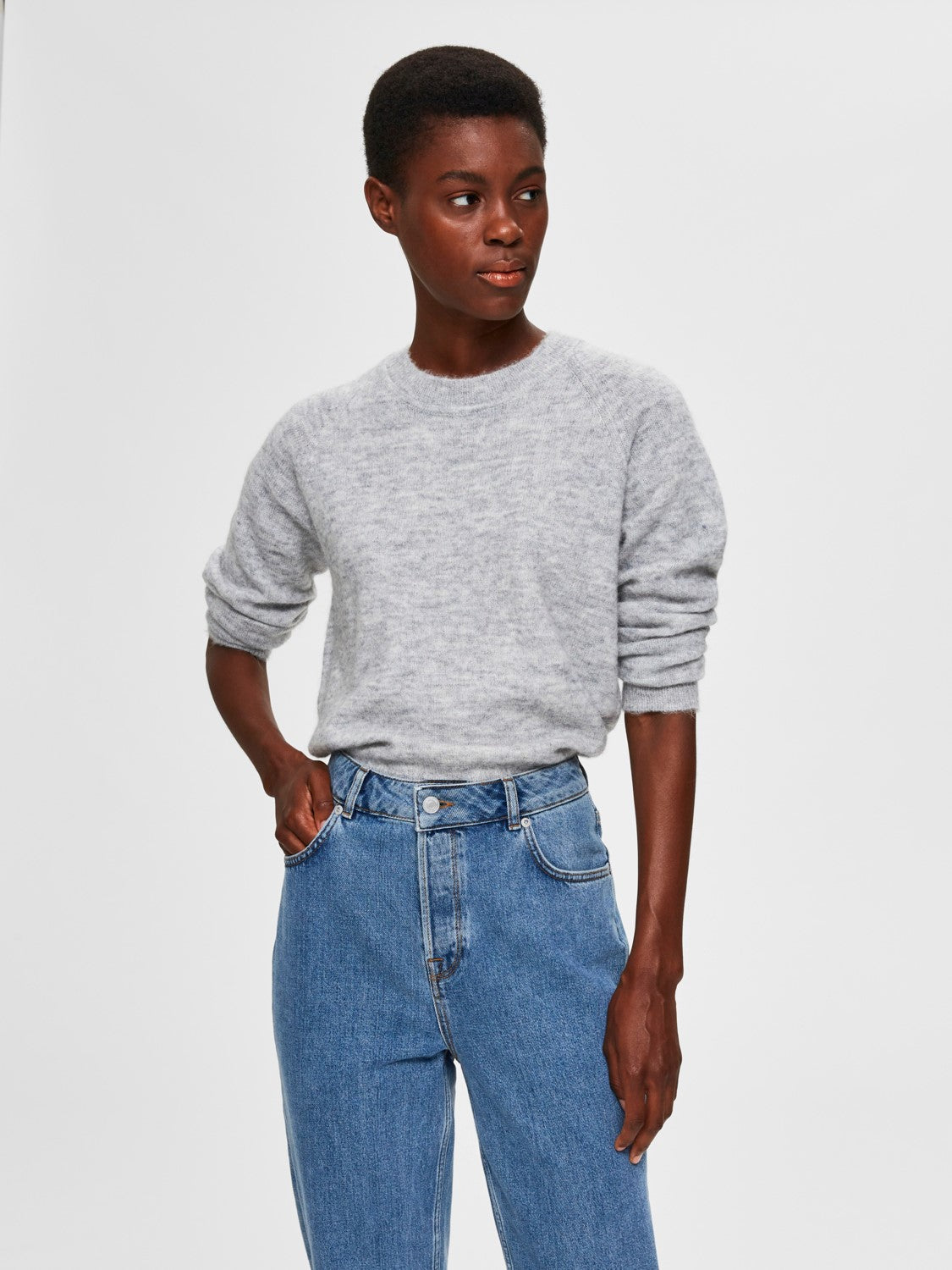 Lulu LS Knit O-Neck - Light Grey Melange