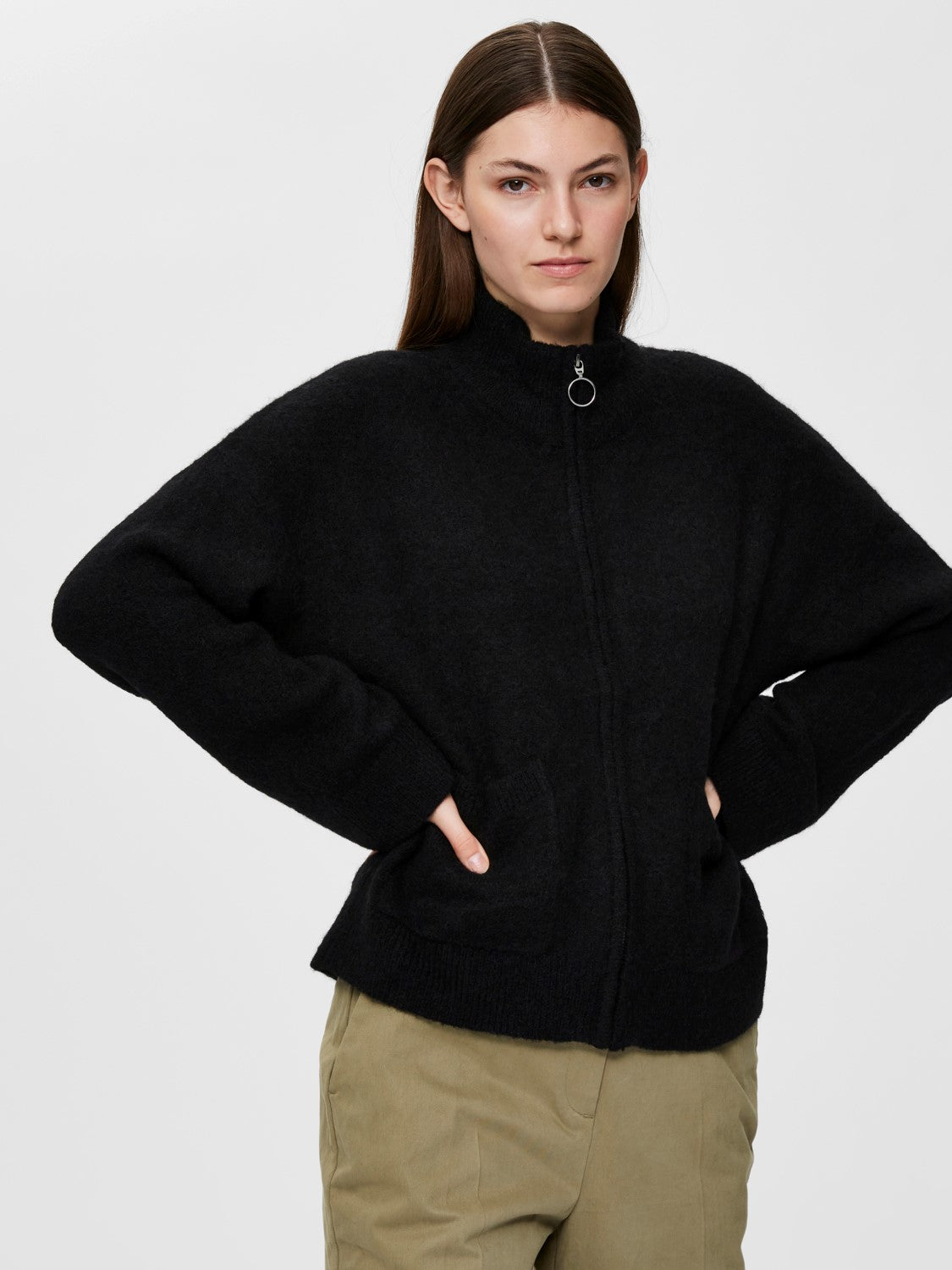 Sia Ls Knit Zipper Cardigan - Black