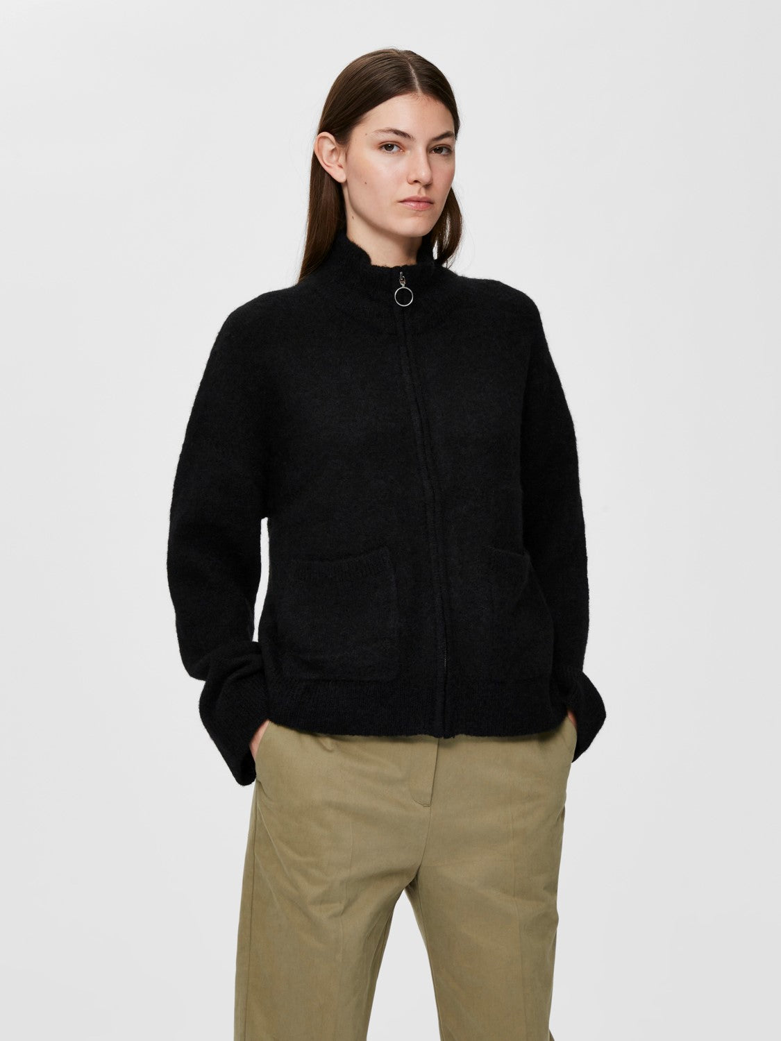 Sia Ls Knit Zipper Cardigan - Black