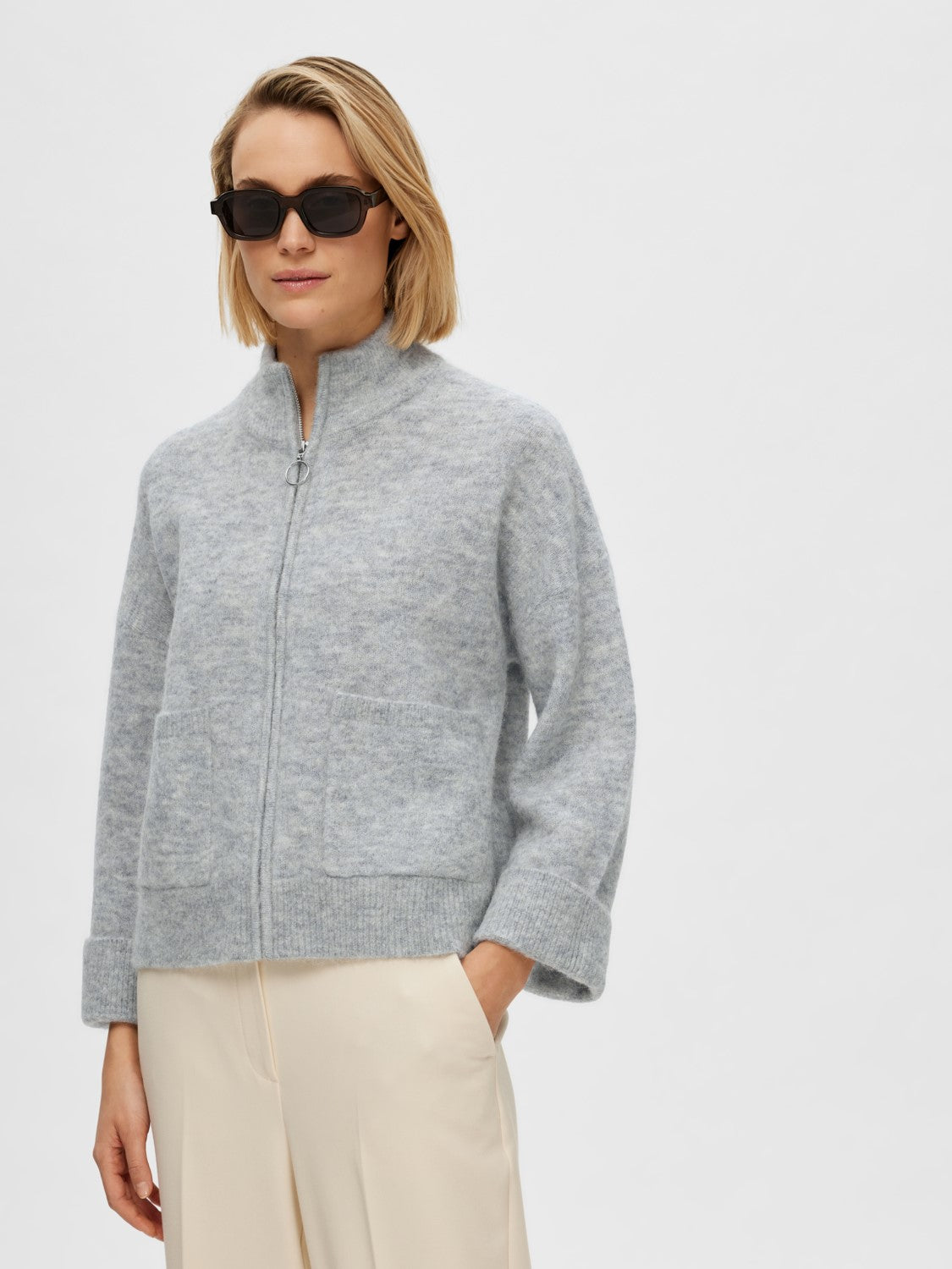 Sia Ls Knit Zipper Cardigan - Light Grey Melange