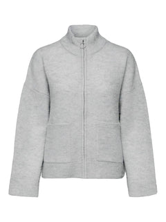 Sia Ls Knit Zipper Cardigan - Light Grey Melange