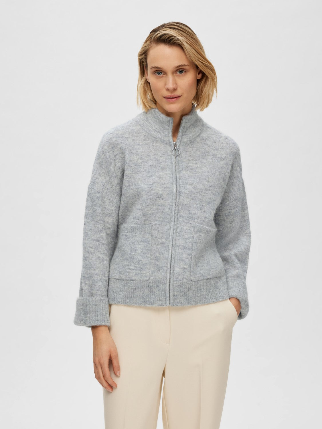 Sia Ls Knit Zipper Cardigan - Light Grey Melange