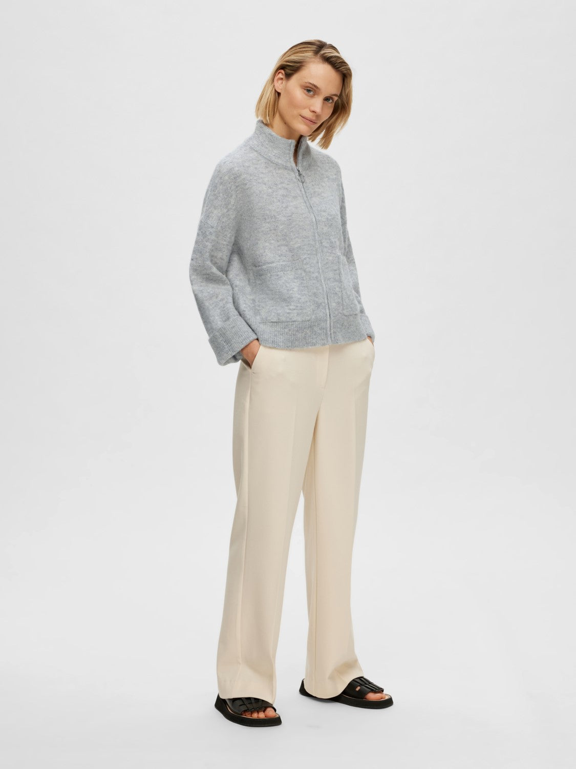 Sia Ls Knit Zipper Cardigan - Light Grey Melange