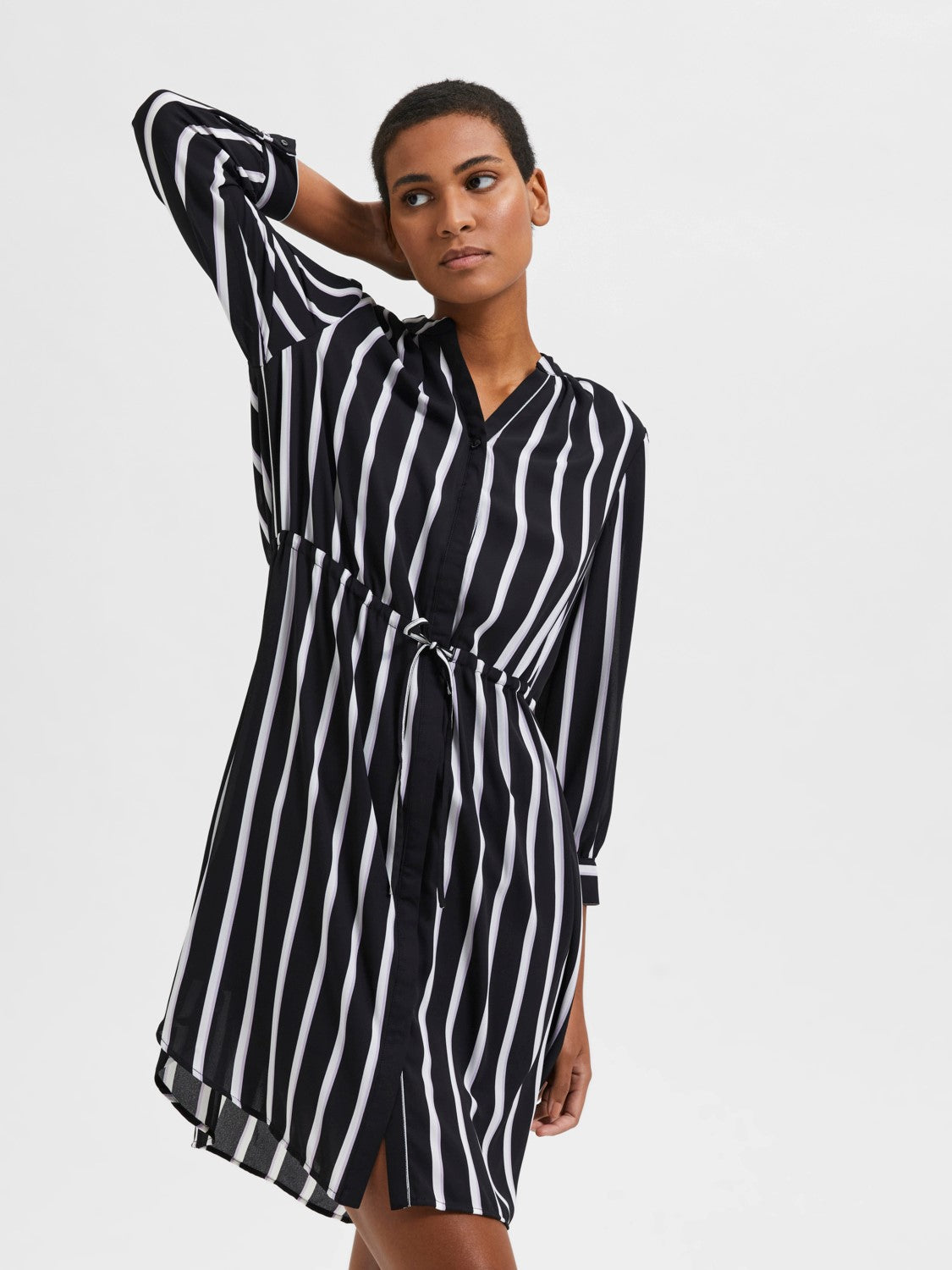 Damina 7/8 Aop Dress - Black W/Stripes