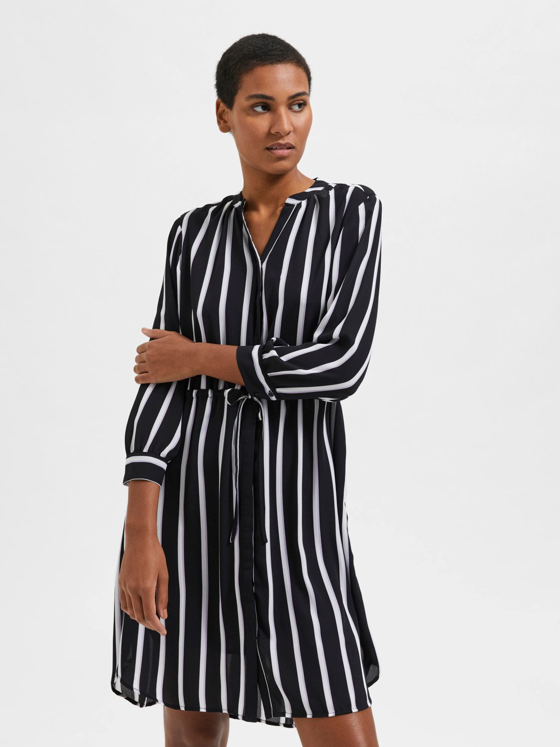 Damina 7/8 Aop Dress - Black W/Stripes