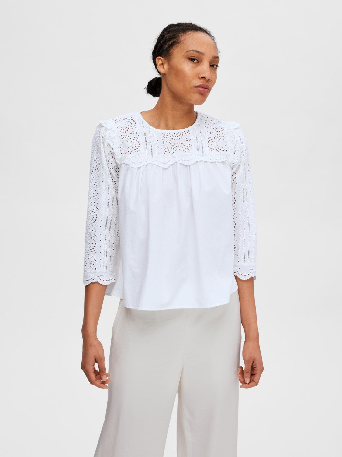 Violette 3/4 Broderi Top - Bright White