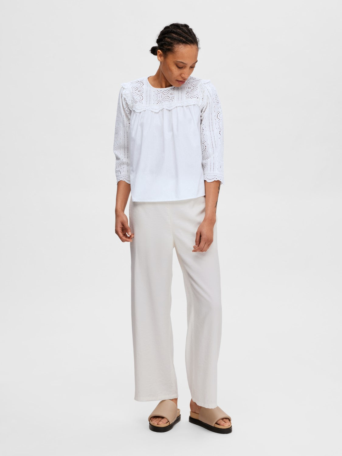 Violette 3/4 Broderi Top - Bright White