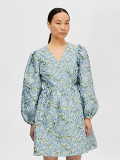 Aliana-Siv Jaquard Ls Short Dress - Blue Heron