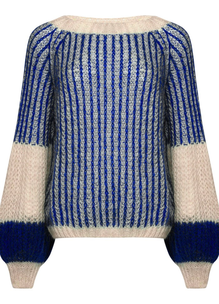 Liana Stickad Tröja - Cream/Cobalt Blue